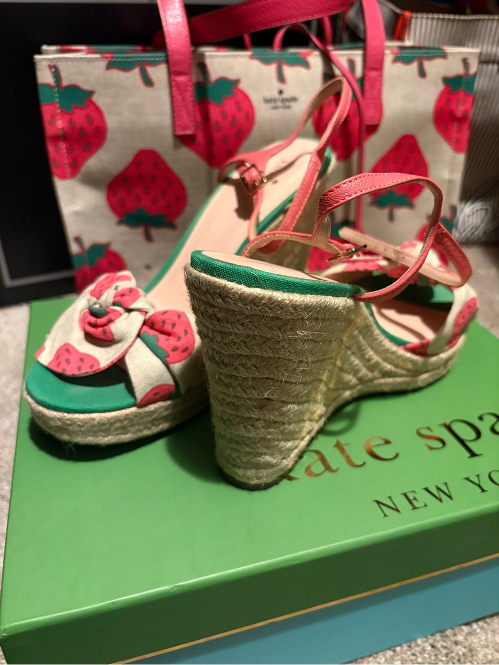kate spade Strawberry Print Espadrille Wedge Sandals in Green/Pink